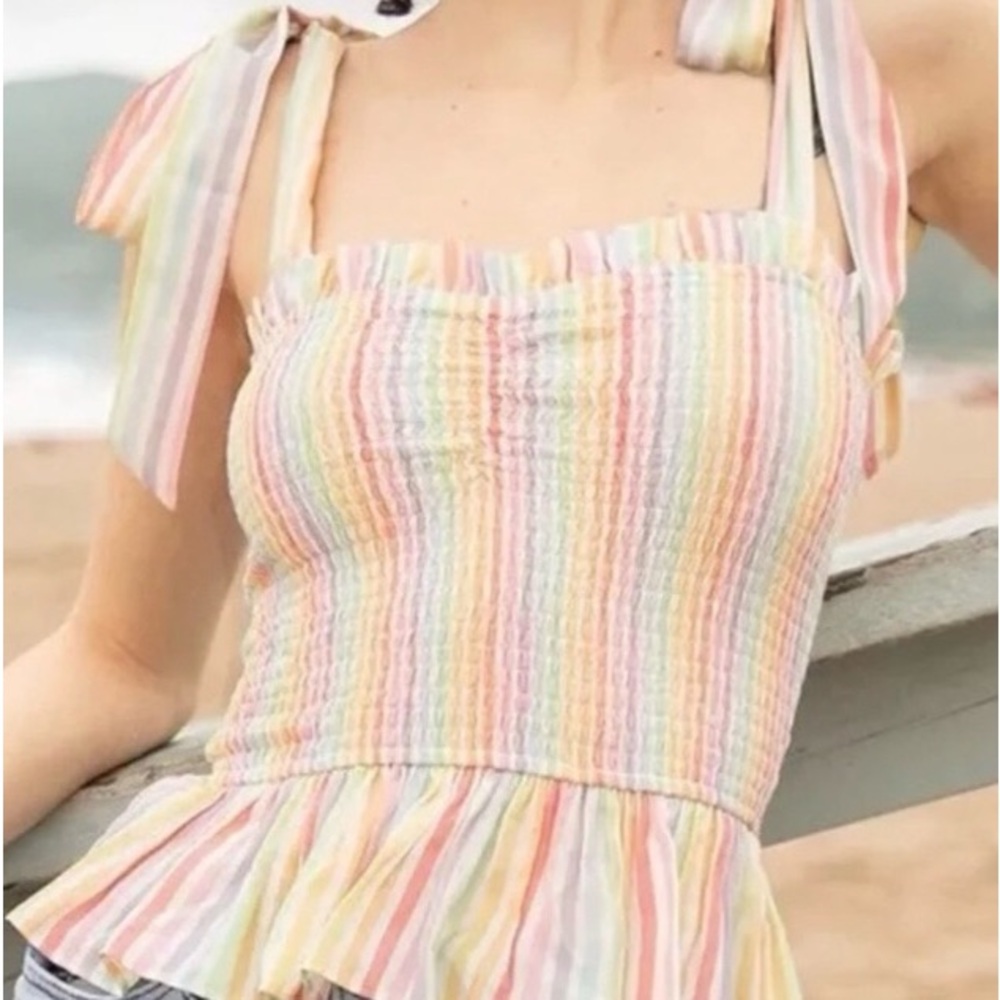 NWT Yumi Kim Moon River Pastel Rainbow Striped Smocked Top- Tie shoulder - sz XS